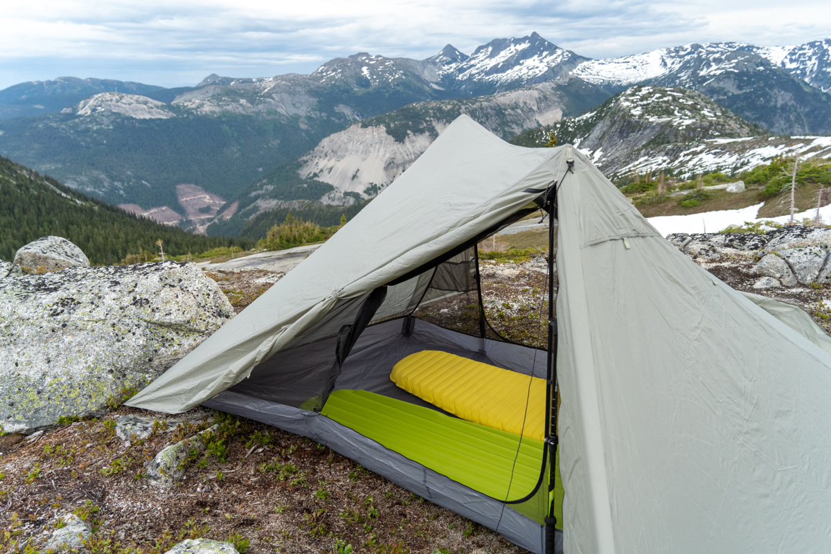 The inside of a backpacking tent pitched on a ridge