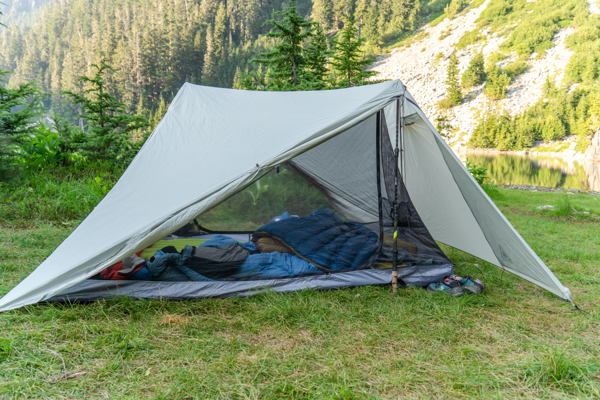 Sleeping bags and pads inside a backpacking tent