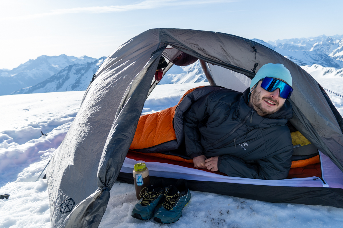 Feathered Friends Swallow UL 20 (coming out of tent)