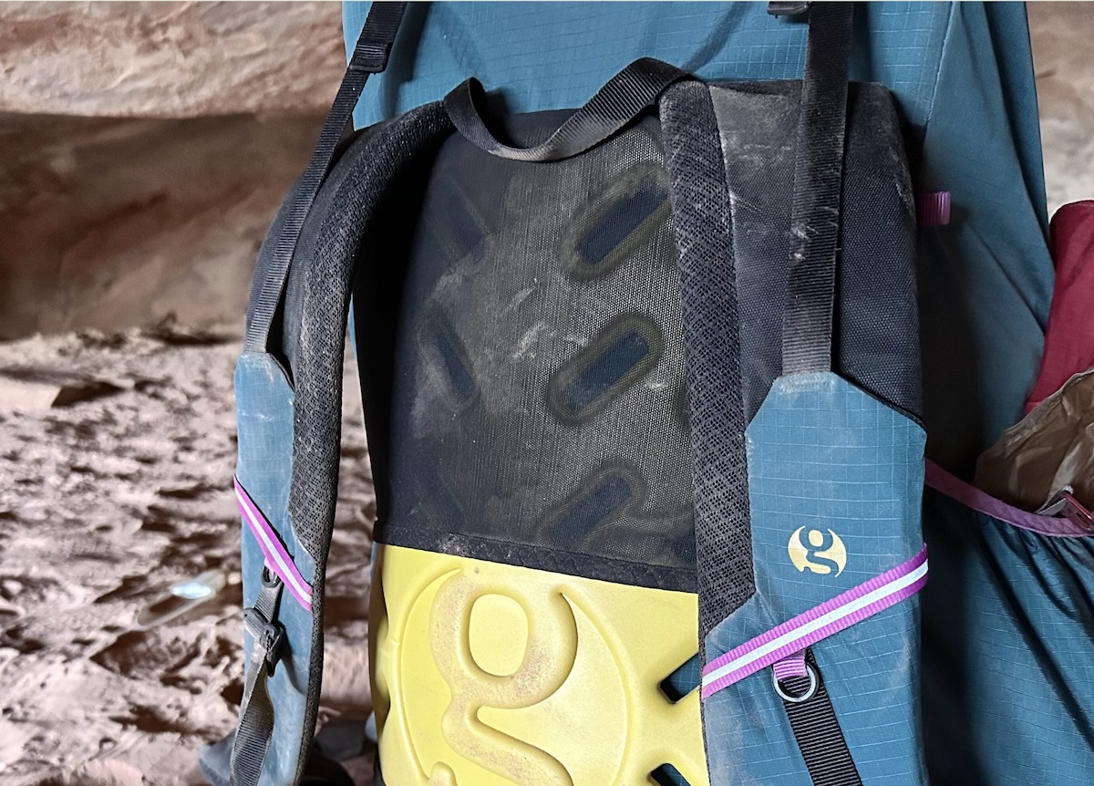 A close up shot of the back panel on the Mariposa backpack