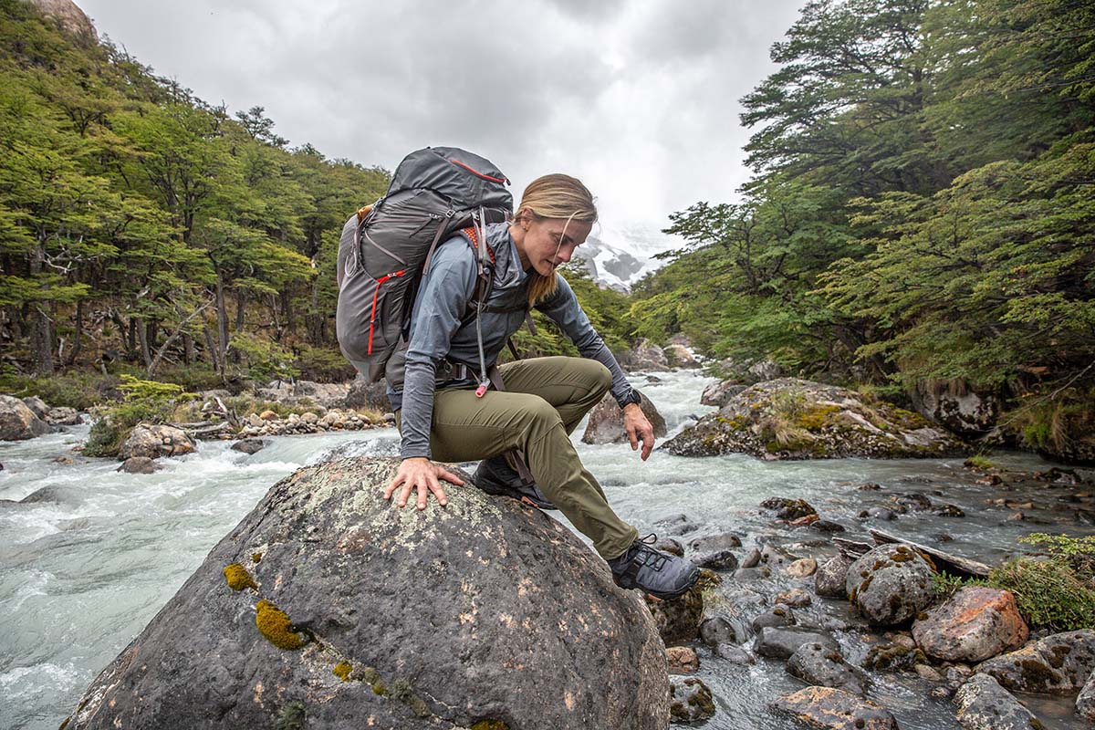 Gregory Facet 55 backpacking pack (stepping down from boulder)