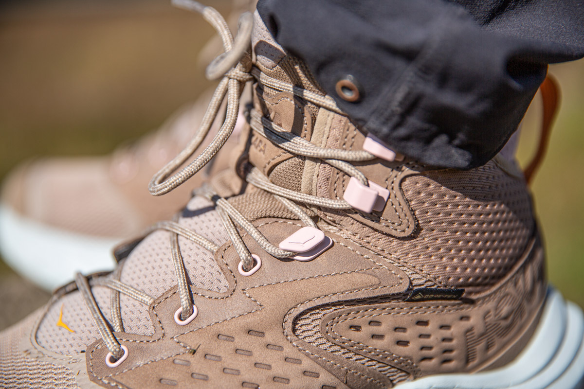 Close up of the lacing system on a pair of hiking boots
