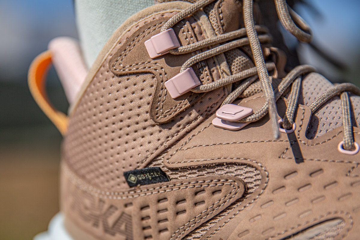 A close up of the upper on a pair of hiking boots
