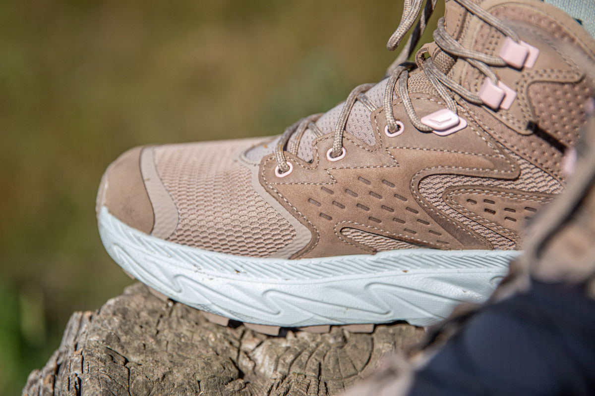 A close up of the tow box on a pair of hiking boots