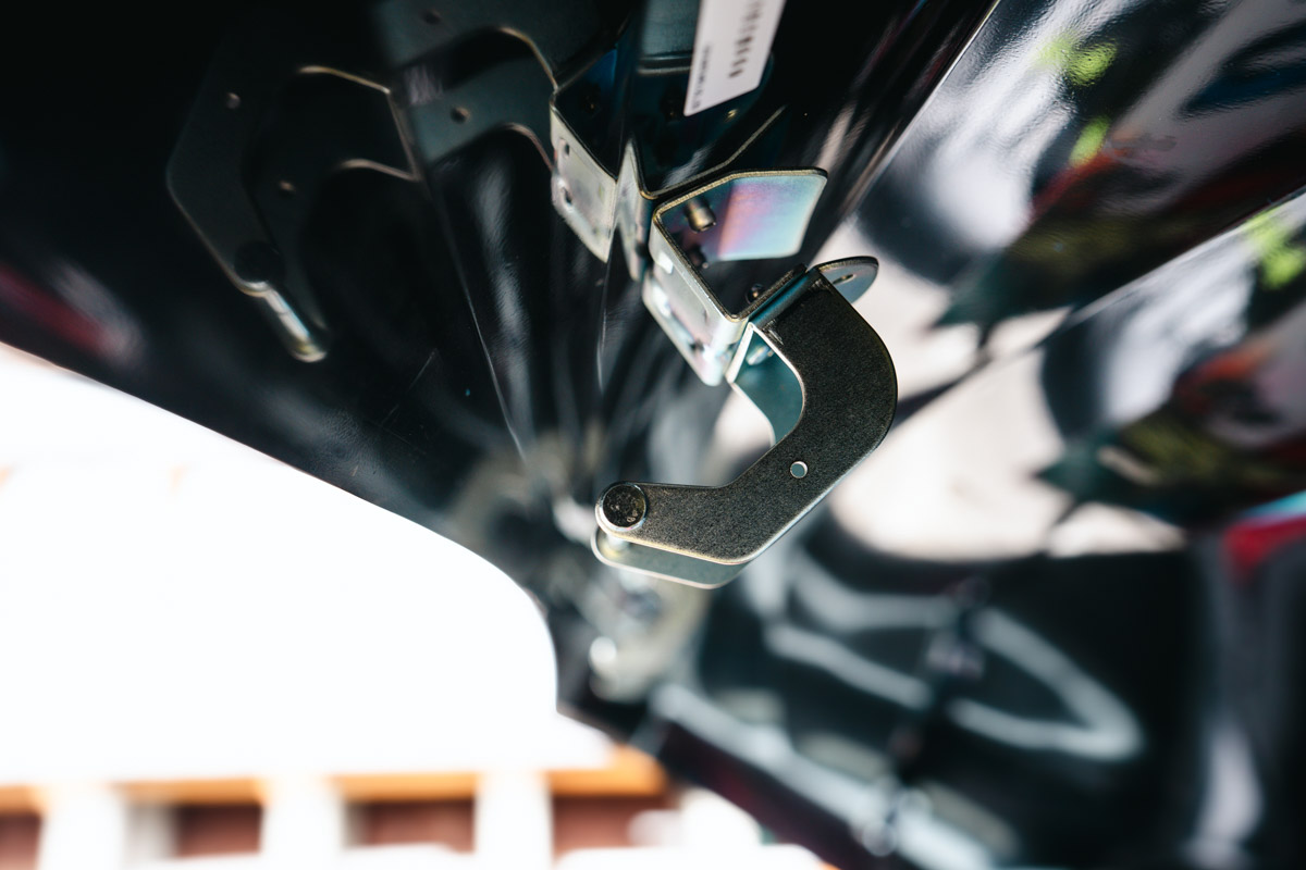A detail shot of some of the hardware of the Inno Wedge cargo box