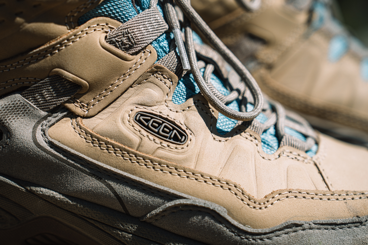 A close up of the Keen label on a pair of brown leather waterproof hiking boots