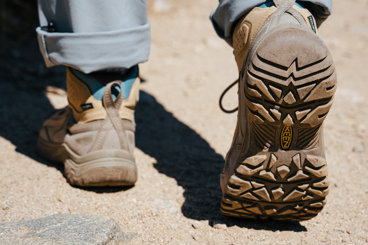 A close up of the lug pattern on the outsole of a pair of waterproof hiking boots