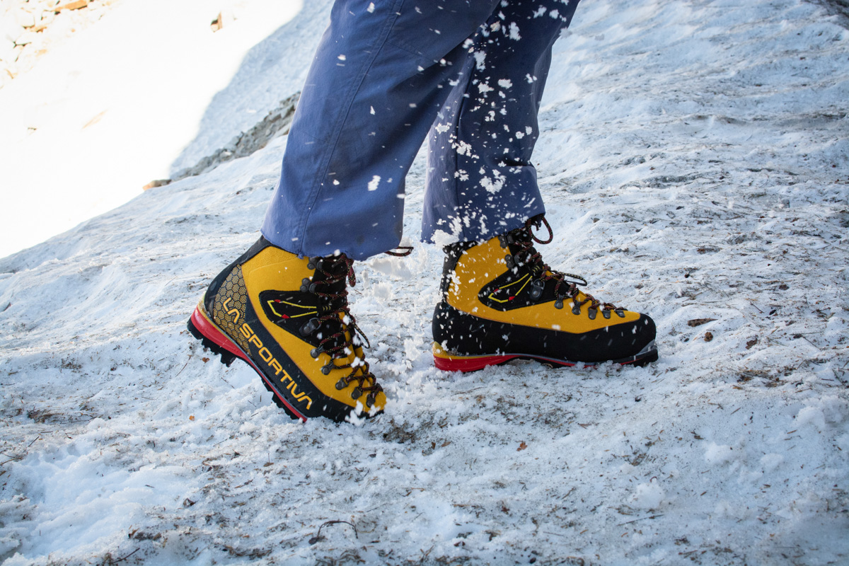 A closeup shot of the Nepal Cube GTX boots in the snow