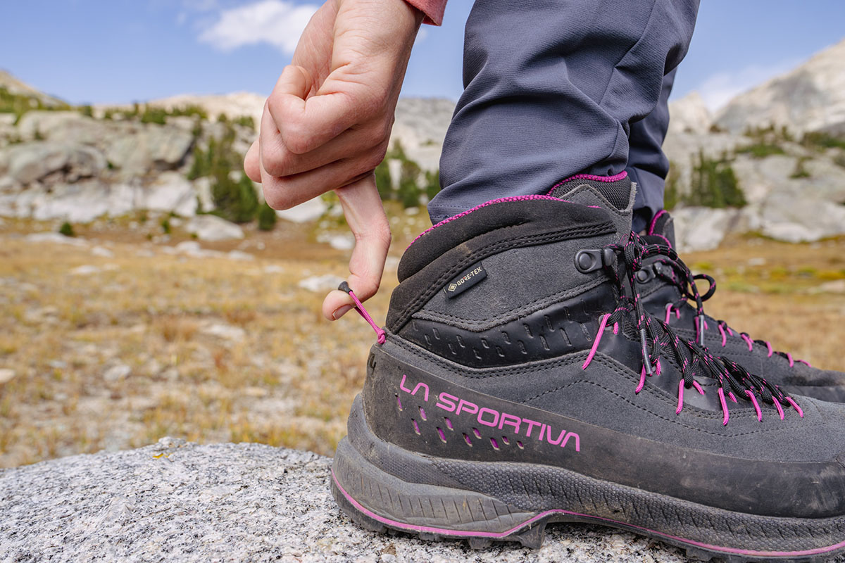 La Sportiva TX4 Evo Mid GTX boots (grabbing pull tab at back)