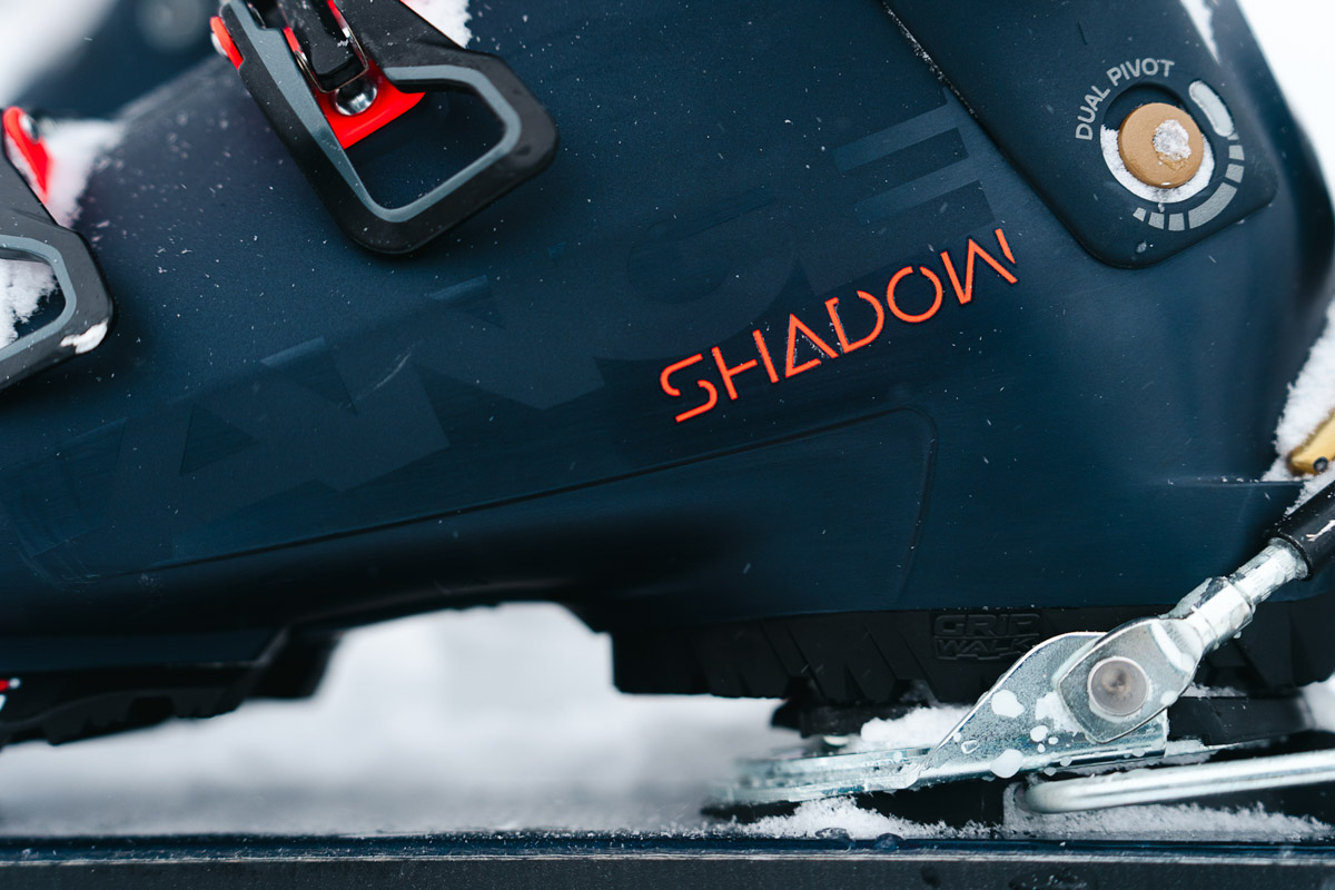 A close up of the logo on the Lange Shadow ski boot