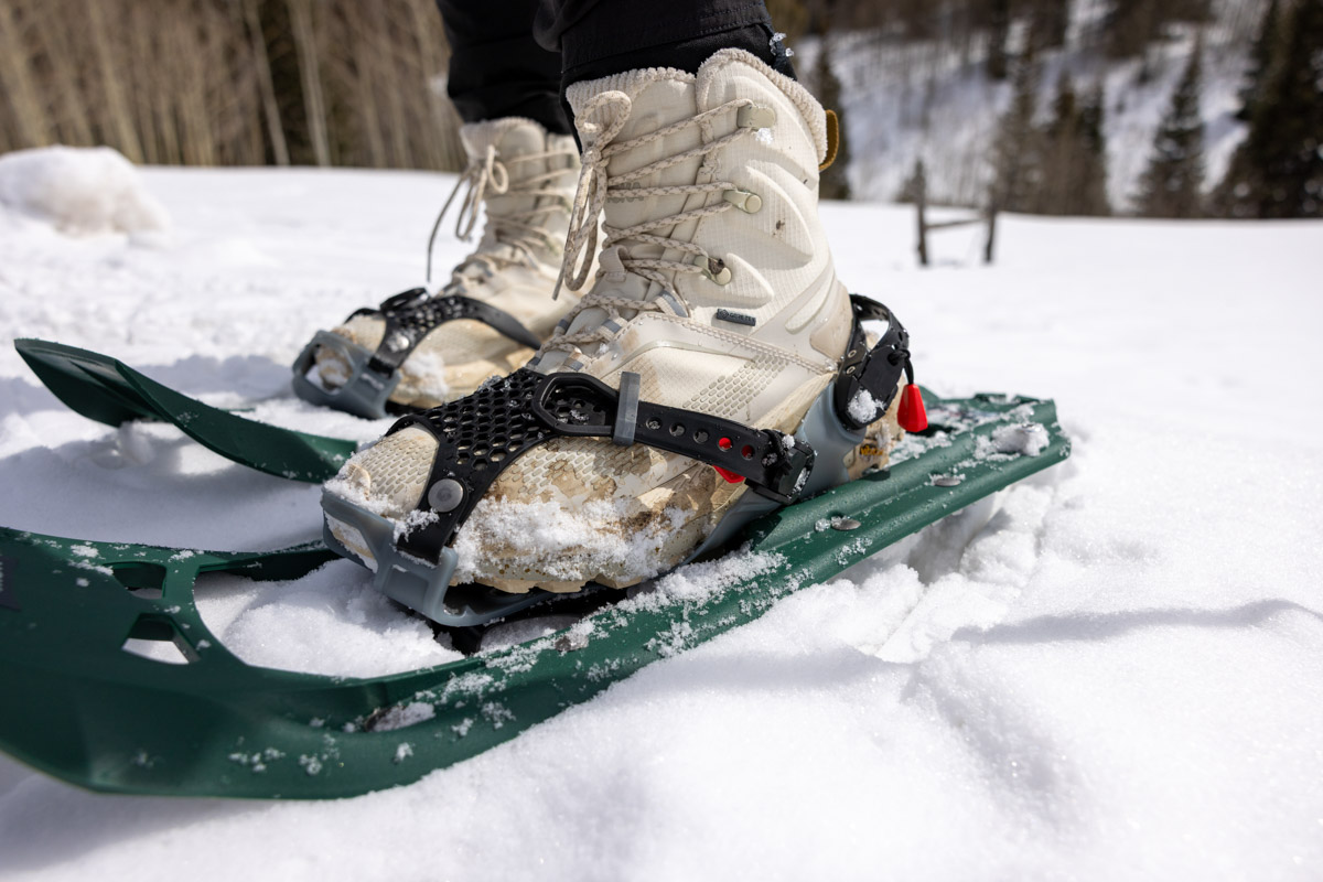A close up of the side of a pair of snowshoes