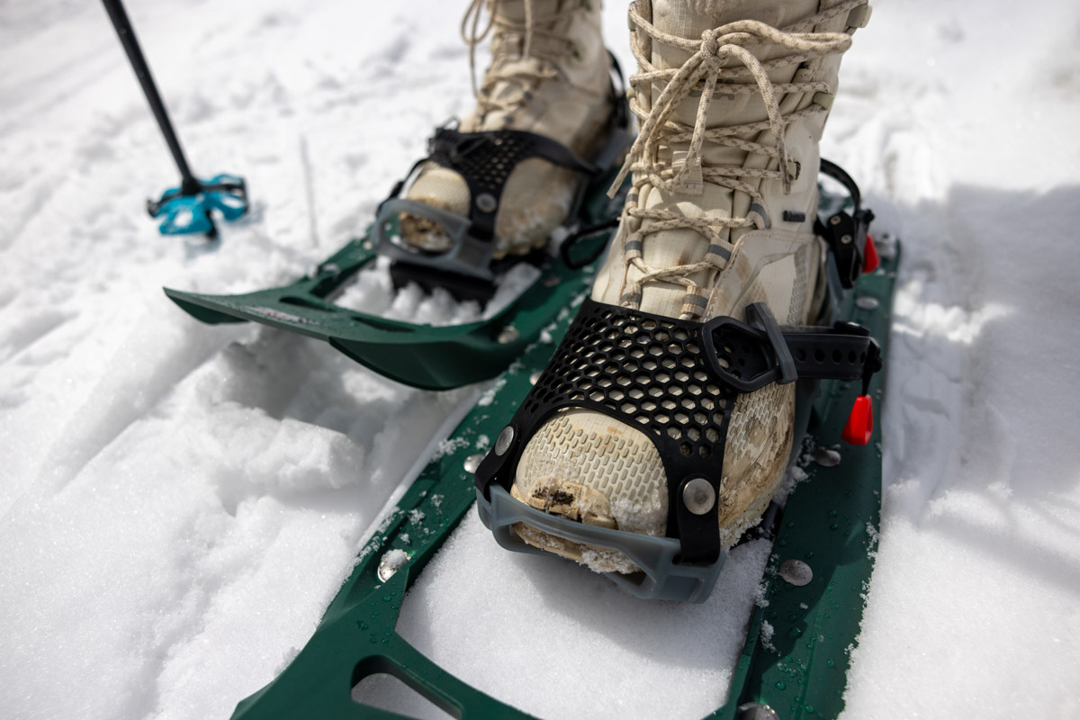 The front straps on a pair of snowshoes