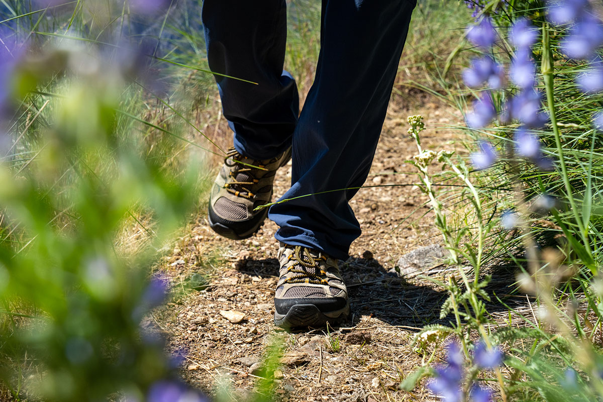Hiking down a trail with the Merrell Moab 3 hiking shoe