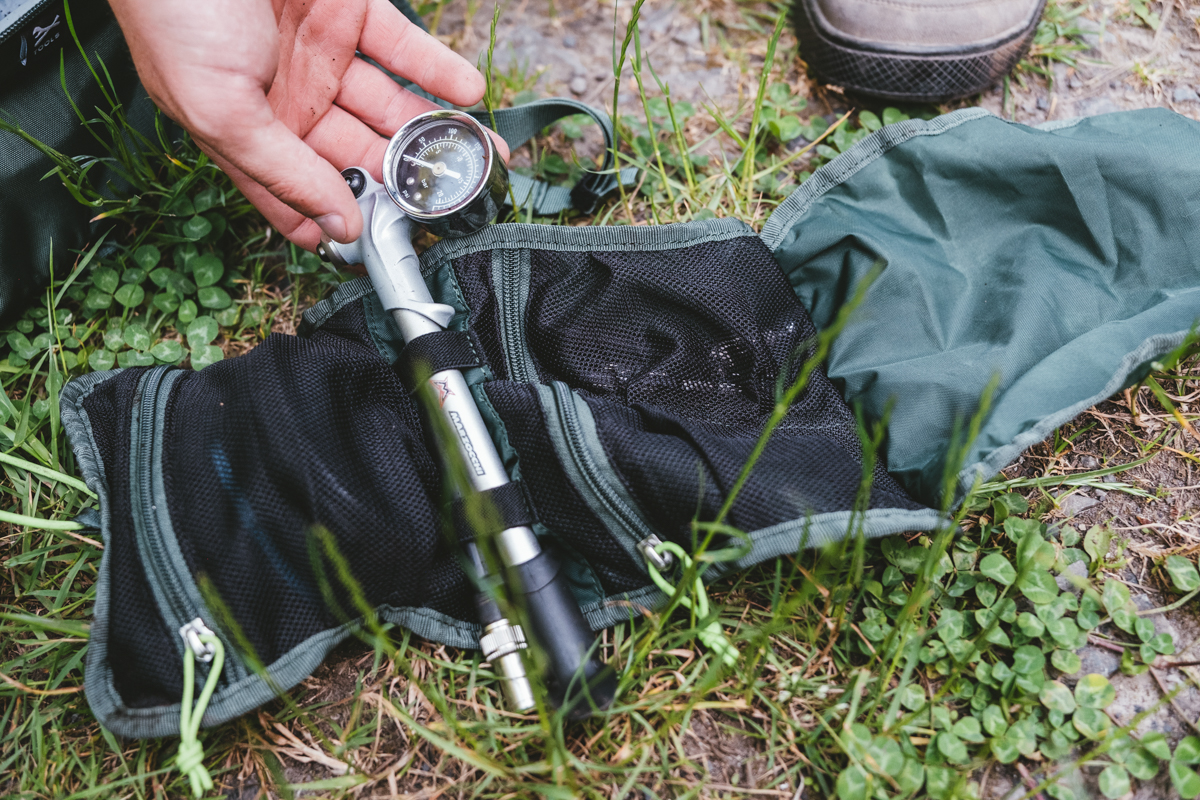 A close of a tool toll on a mountain bike backpack