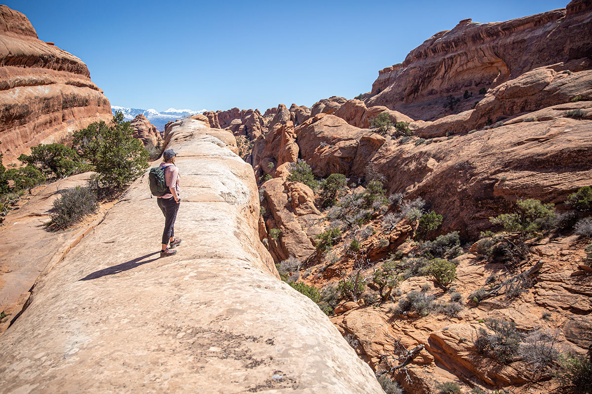 REI Co-op Flash 22 daypack (standing on rock)