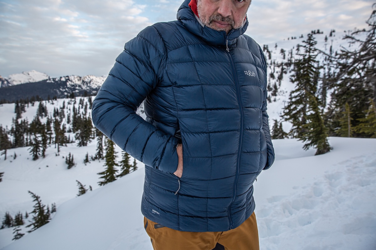 Closeup fit of the Rab Alpine Mythic