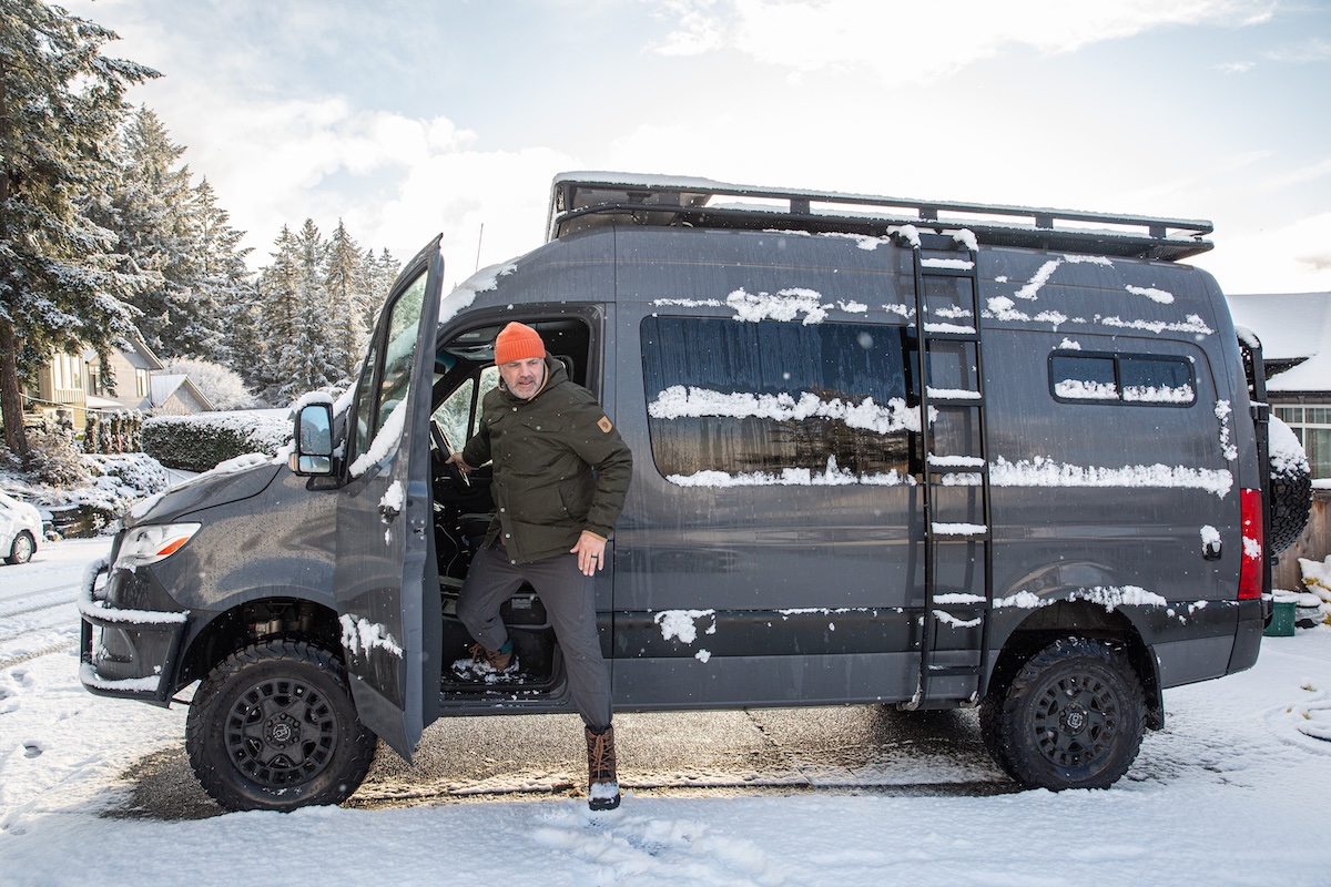 Getting out of the van wearing the Chilkat