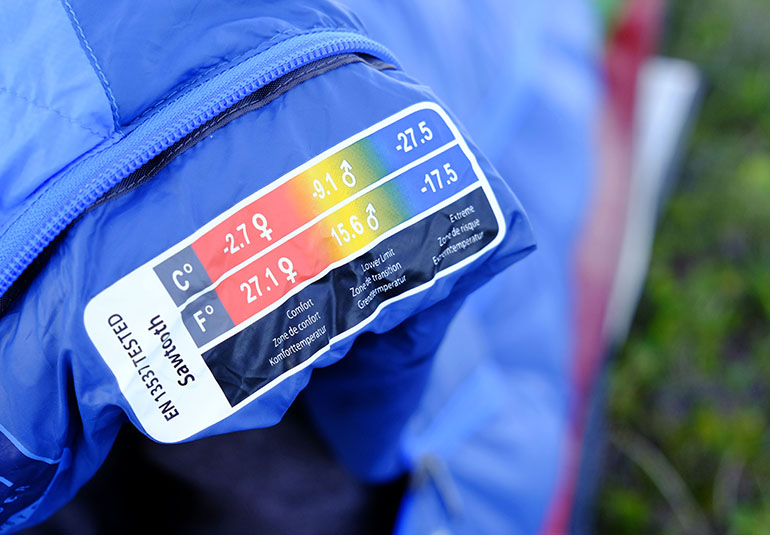 A close up of temperature ratings on a sleeping bag.