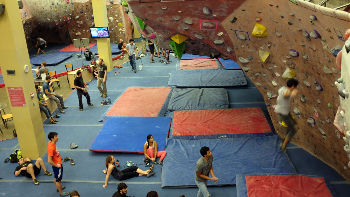 Everyone enjoying the climbing gym Indoor rock climbing gym