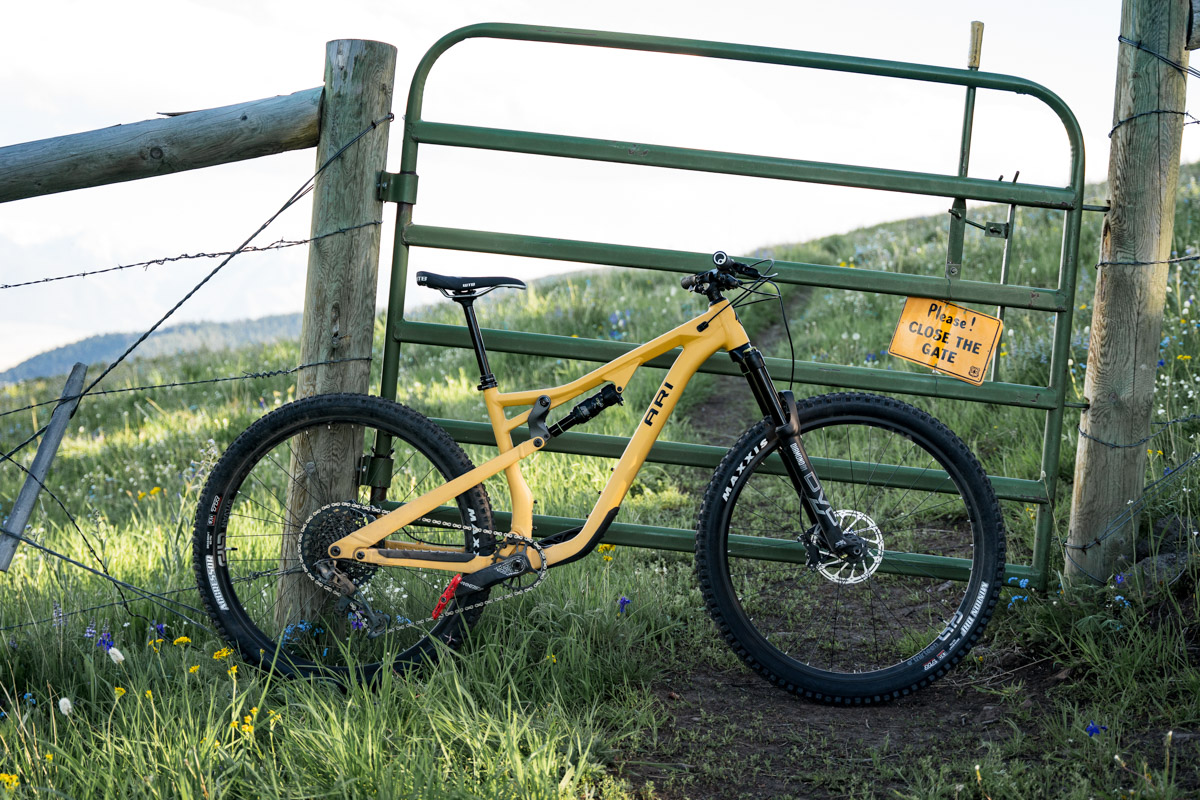 A yellow Ari brand mountain hike leaning against a gate in a meadow