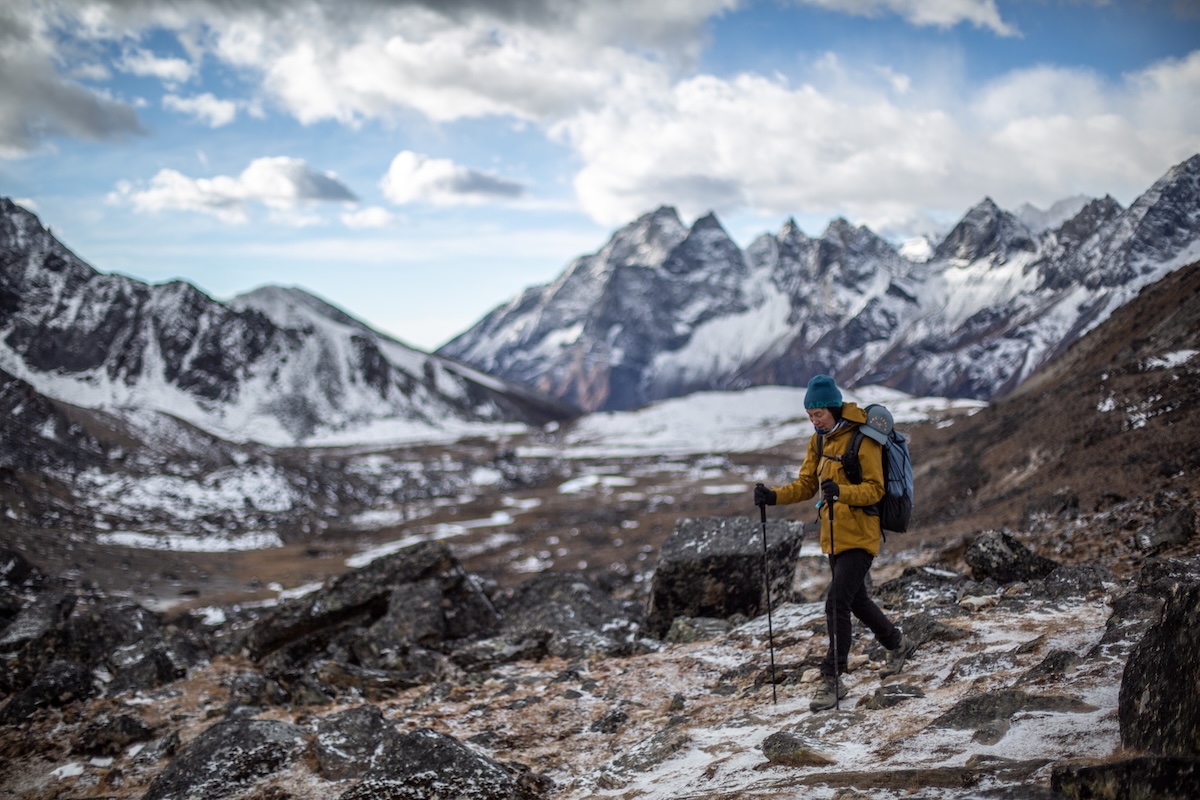 Backpacking through a snowy mountain range