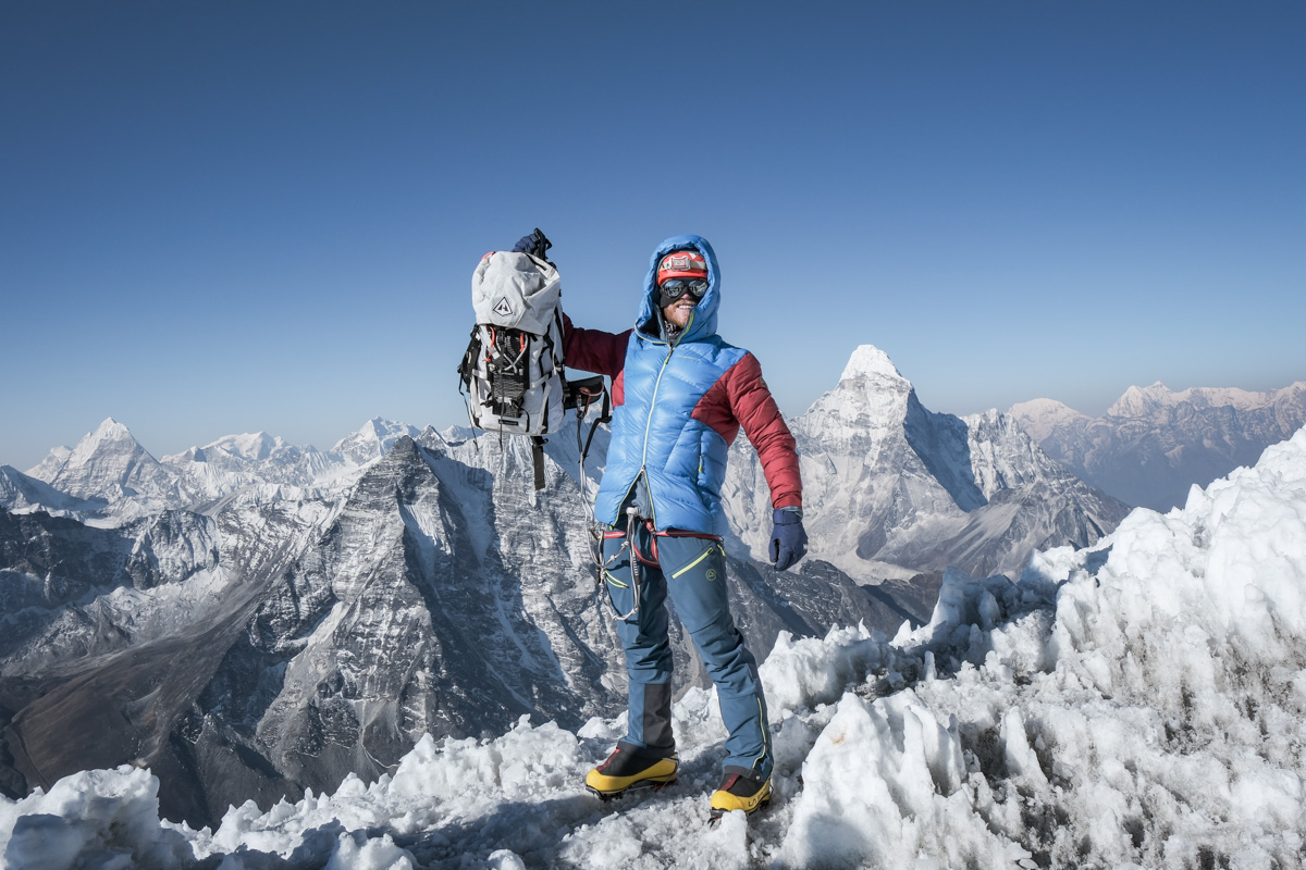 The author climbing Island Peak in Nepal with the HMG Halka 55