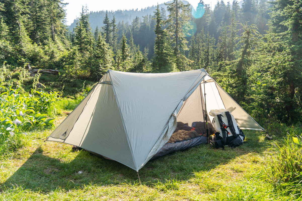 The Durston X-Mid 2 tent sits out in the sunshine on a backpacking trip
