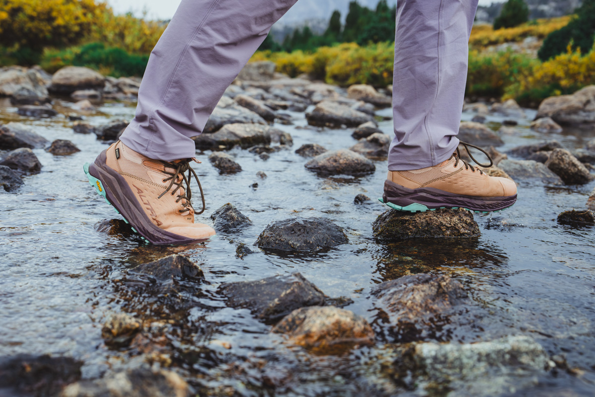 Hiking through water in an Altra hiking boot